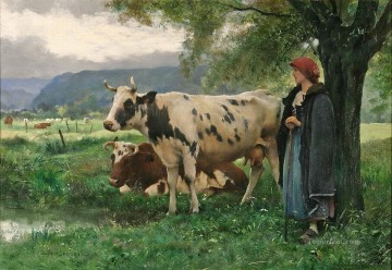 動物 Painting - 牛と田舎娘